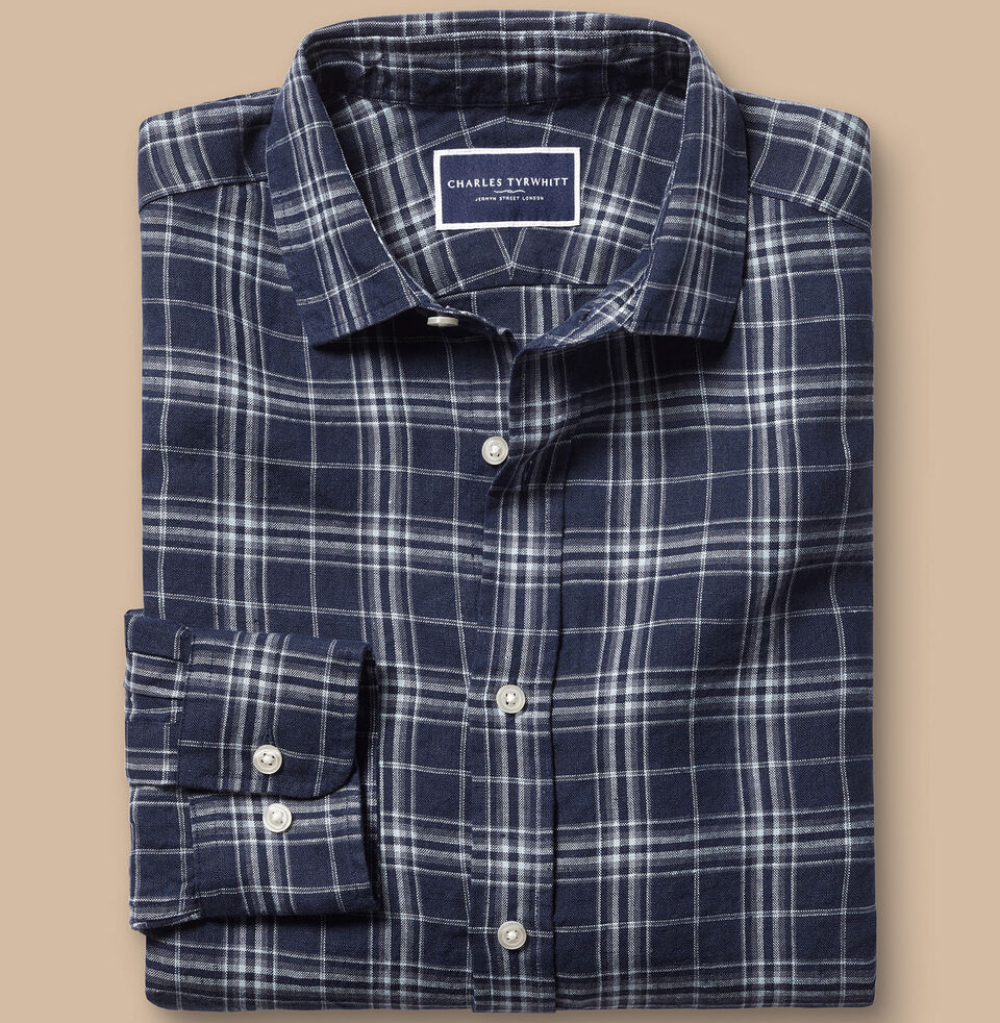 Charles Tyrwhitt Pure Linen Check Shirt - French Blue Classic Fit