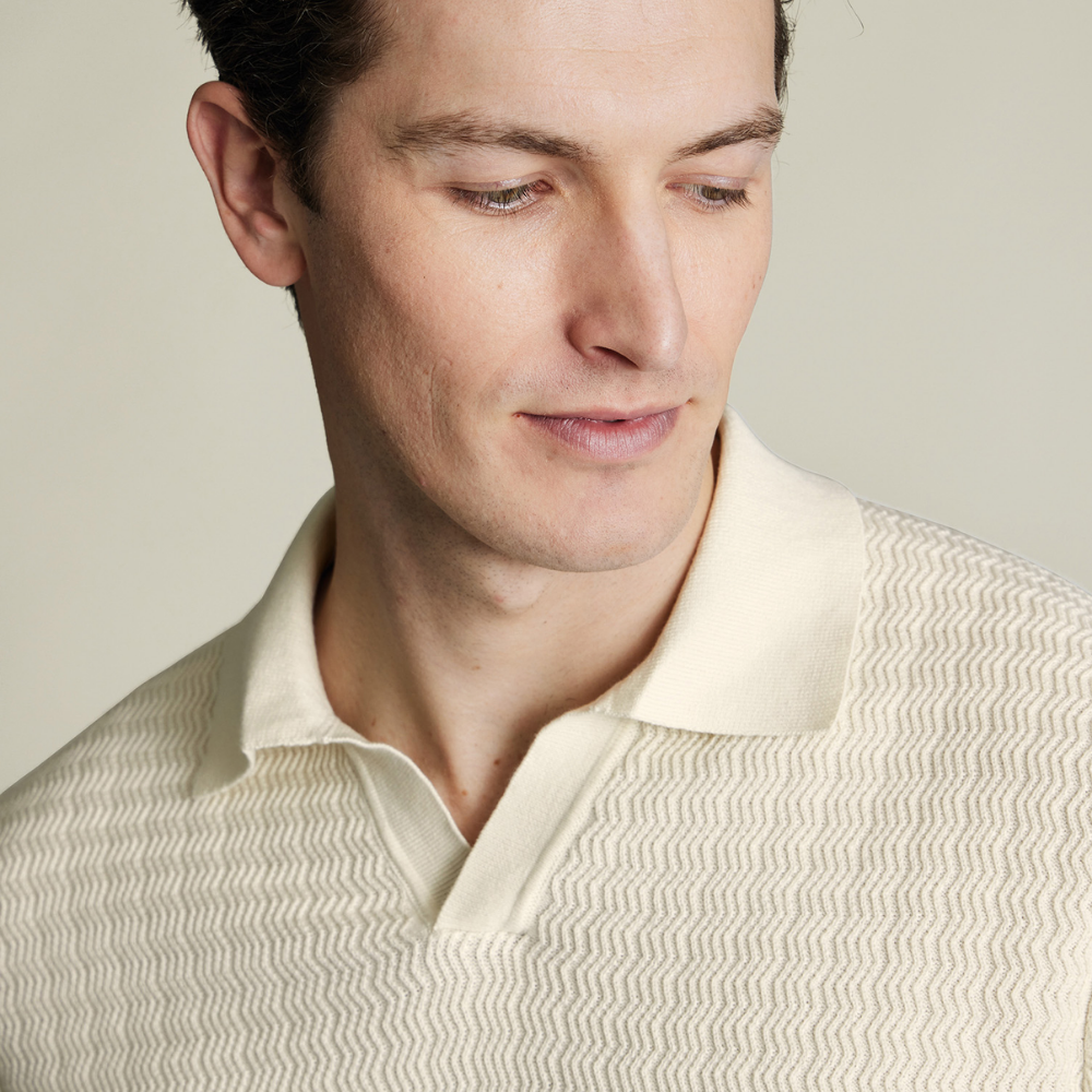 Charles Tyrwhitt Cotton Trophy Neck Textured Knitted Polo - Cream
