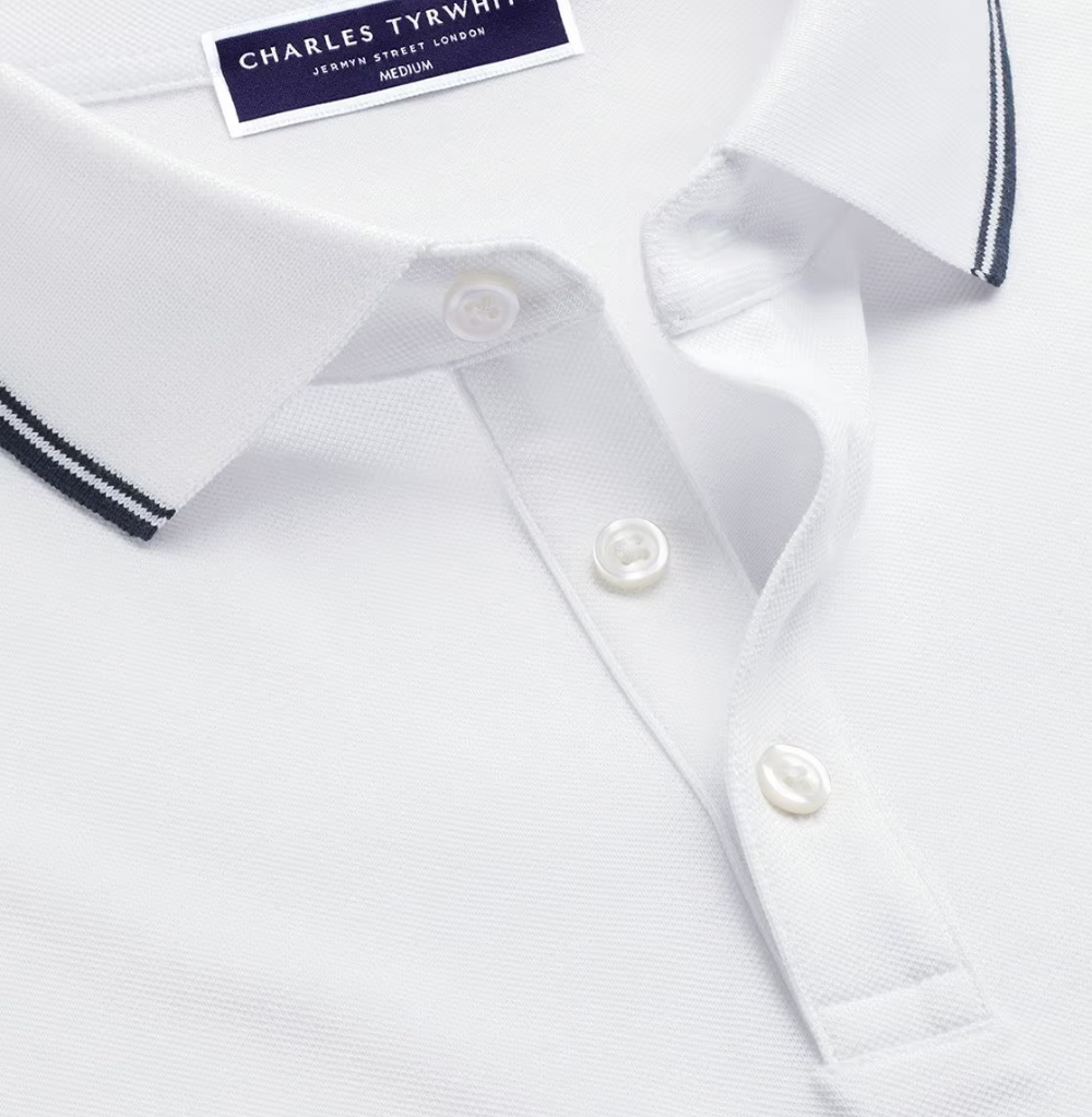 Charles Tyrwhitt White Contrast Tipping SS Cotton Pique Polo