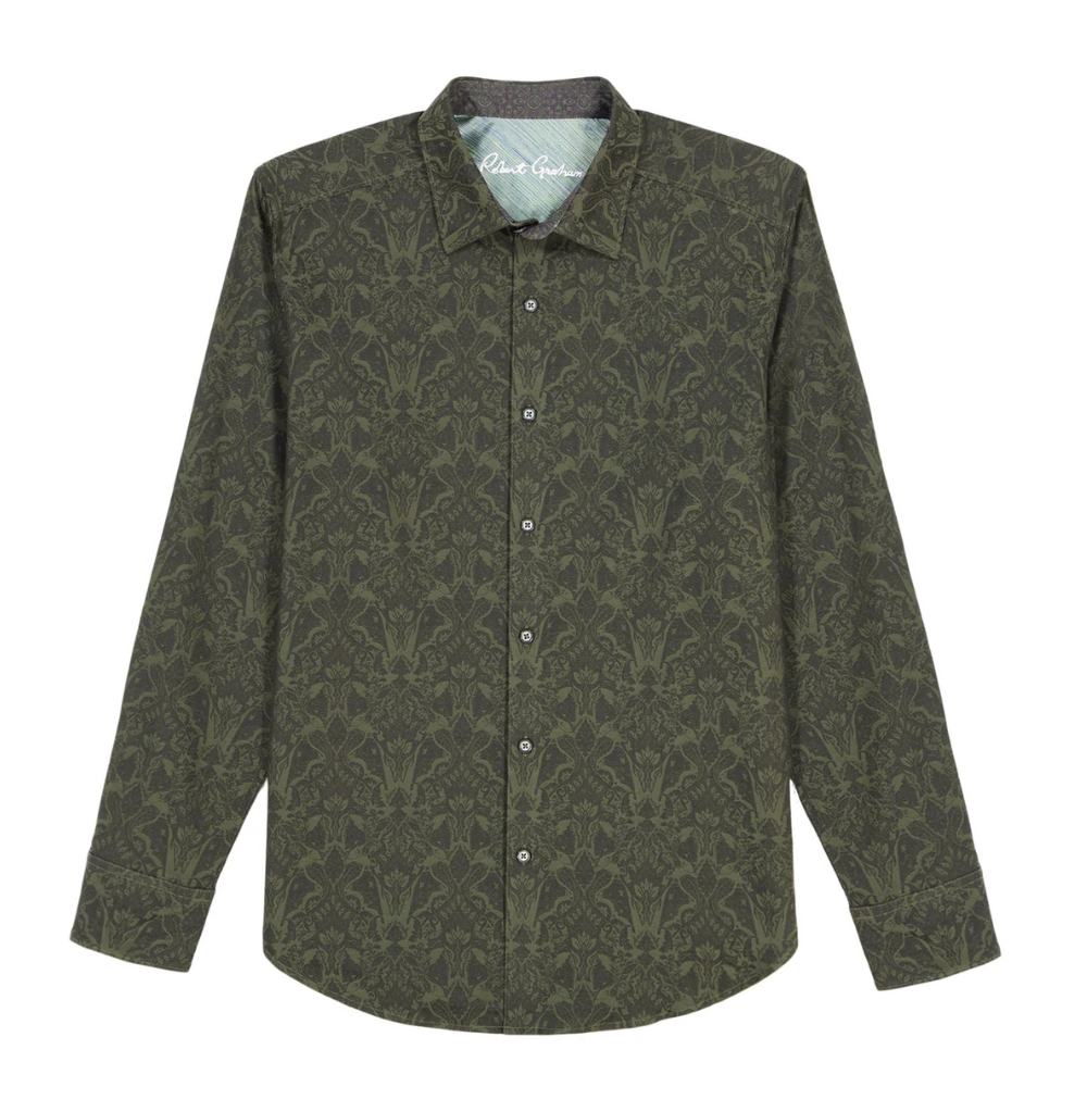 Robert Graham Highland Long Sleeve Button Down Shirt Classic Fit Olive