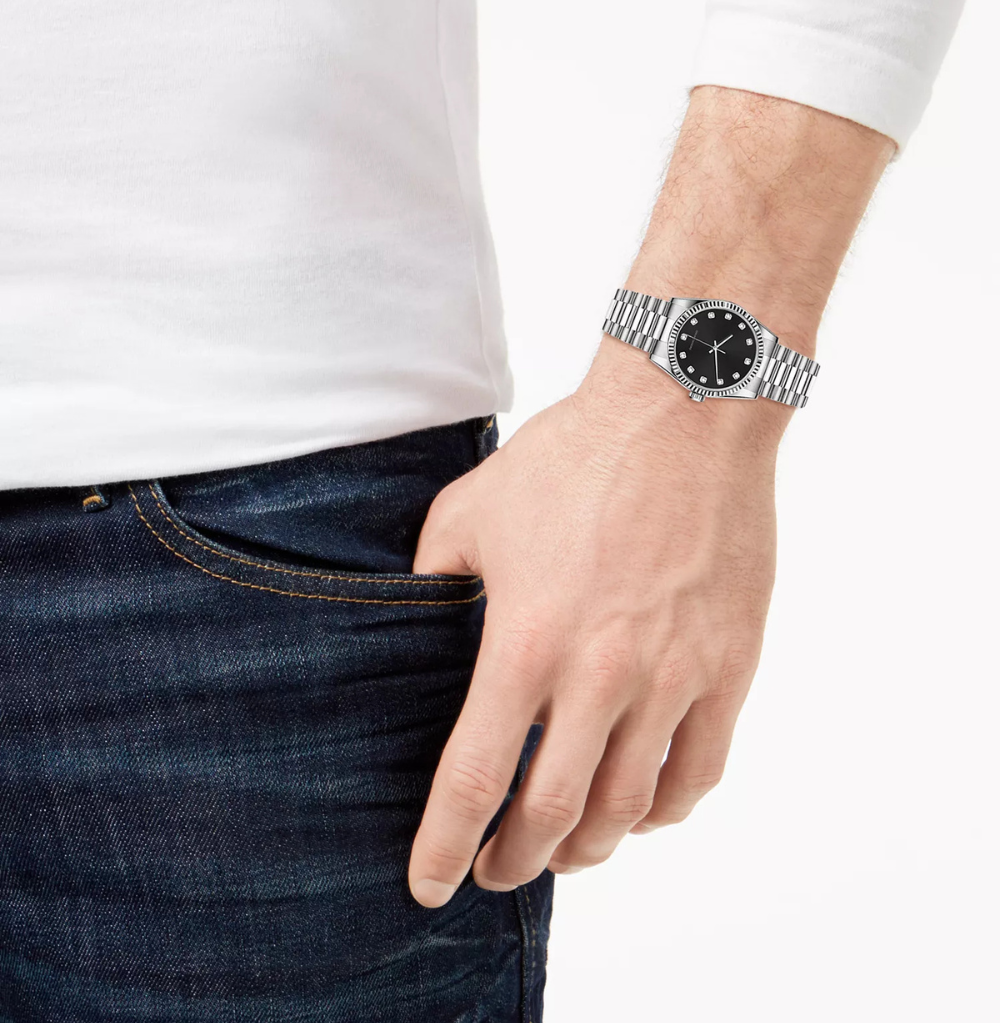 American Exchange Men's 1 / 10 Ct. Diamond Accent Silver-Tone Stainless Steel Bracelet Watch