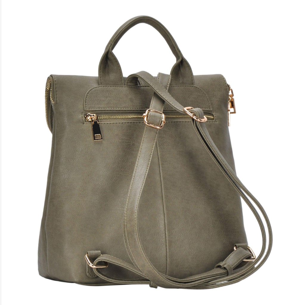 Miztique The Diana Backpack Purse for Women, Flap Over Tote Bag, Soft Vegan Leather - Olive Green