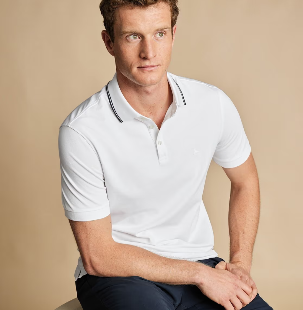 Charles Tyrwhitt White Contrast Tipping SS Cotton Pique Polo