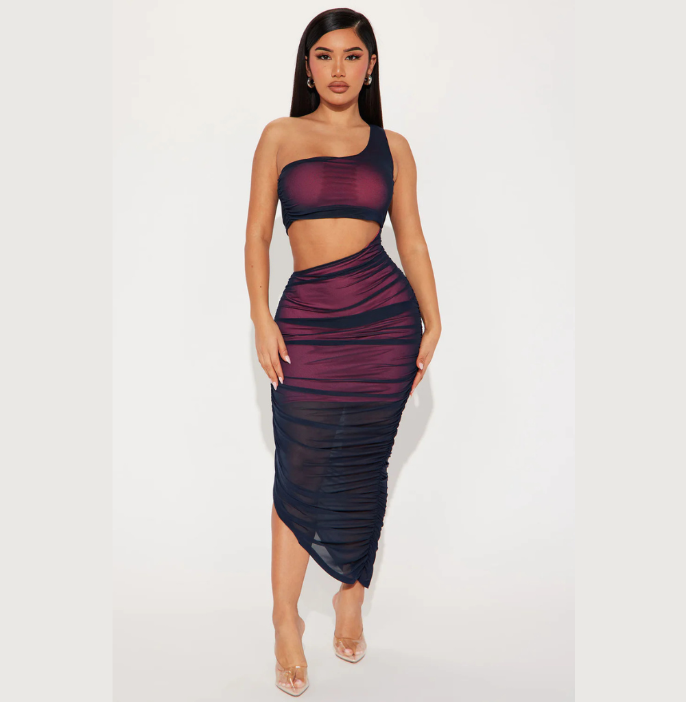 Fashion Nova Viola Aura Mesh Midi Dress - Navy/combo