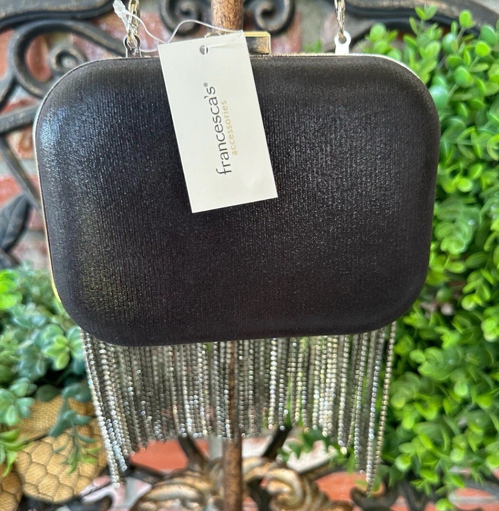 Rhinestone Drop Fringe Handbag, Black