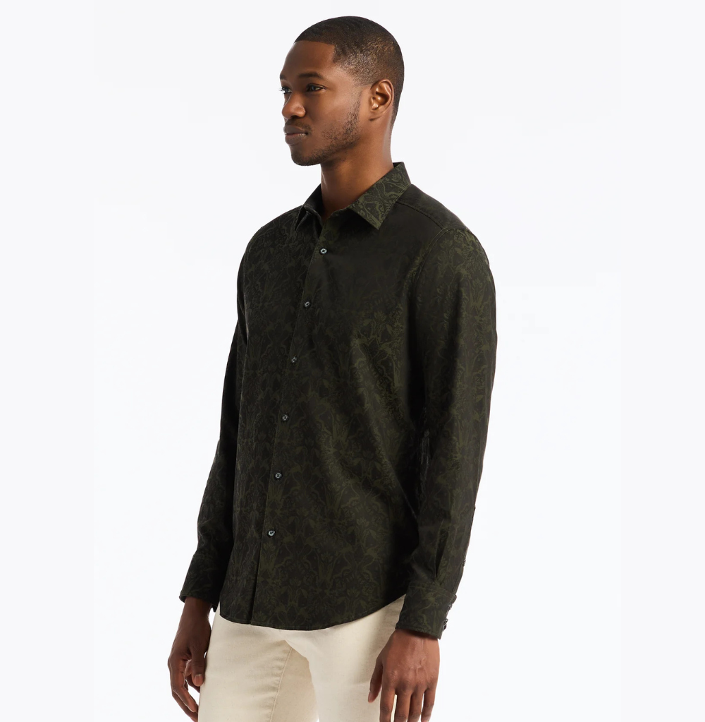 Robert Graham Highland Long Sleeve Button Down Shirt Classic Fit Olive
