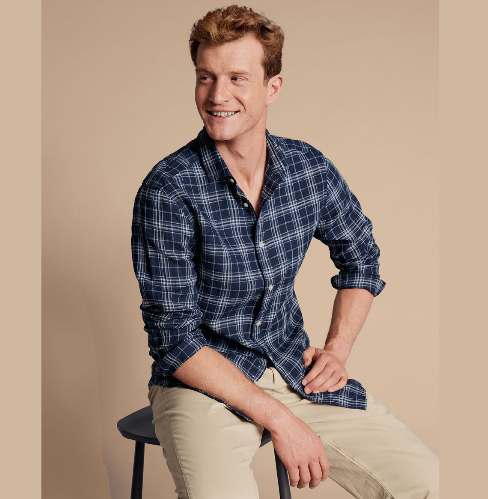 Charles Tyrwhitt Pure Linen Check Shirt - French Blue Classic Fit