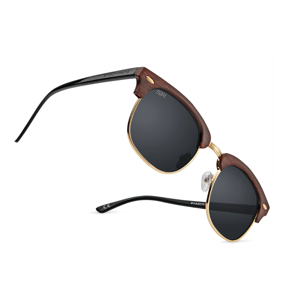 Shady Rays CL-21 Clubmaster Polarized Designer Sunglasses w Faux Woodgrain Trim