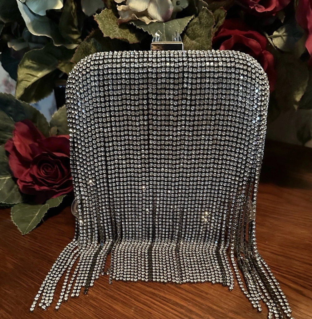 Rhinestone Drop Fringe Handbag, Black