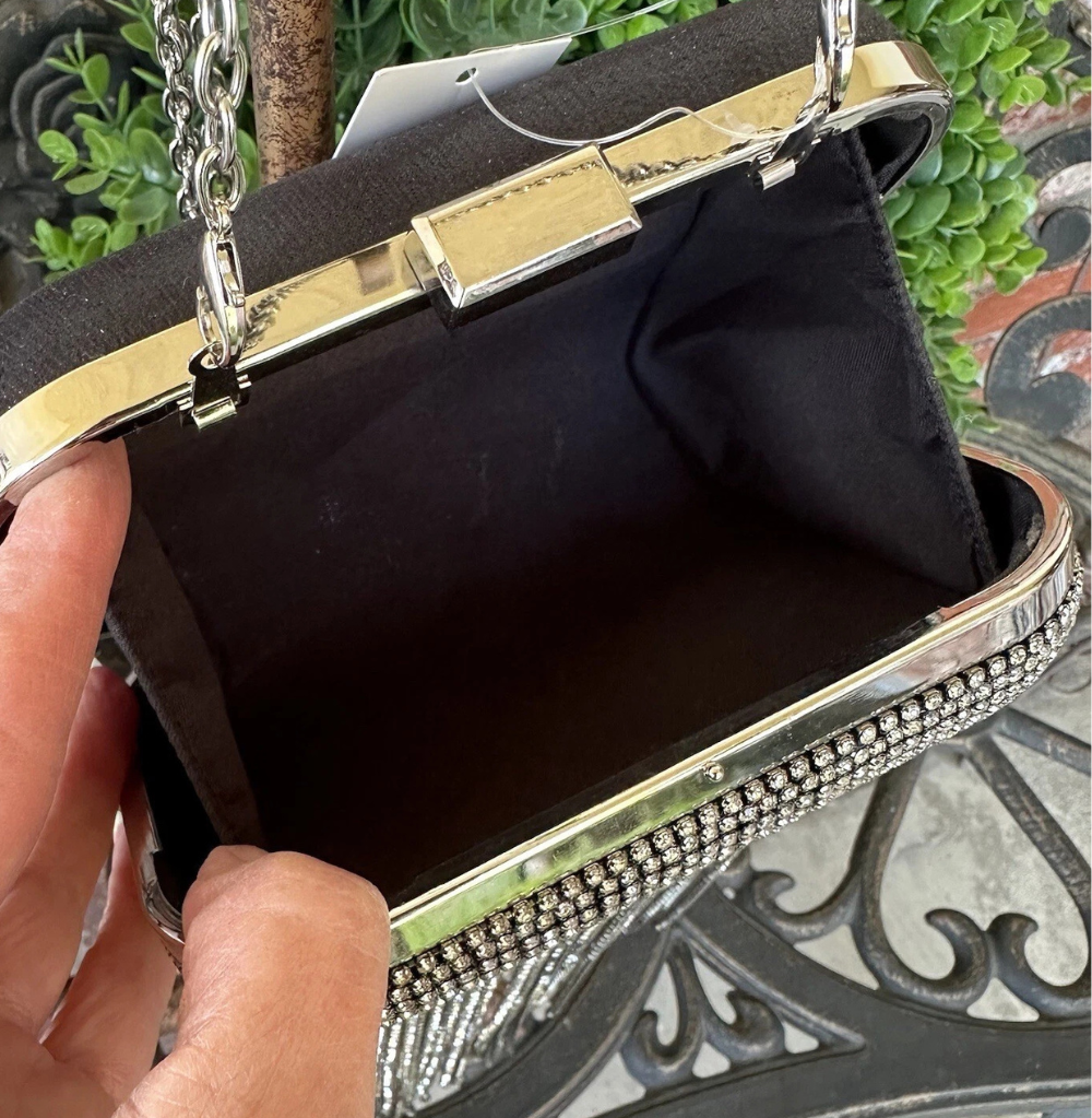 Rhinestone Drop Fringe Handbag, Black