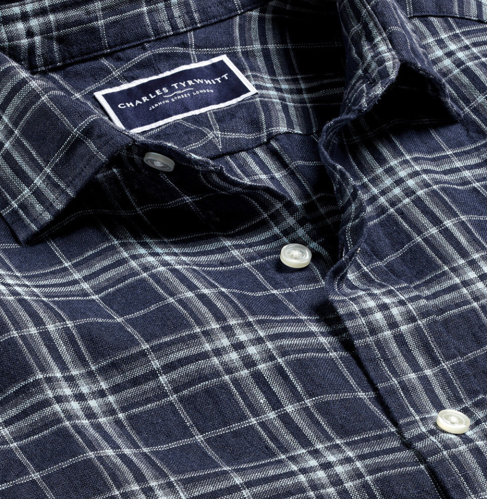 Charles Tyrwhitt Pure Linen Check Shirt - French Blue Classic Fit