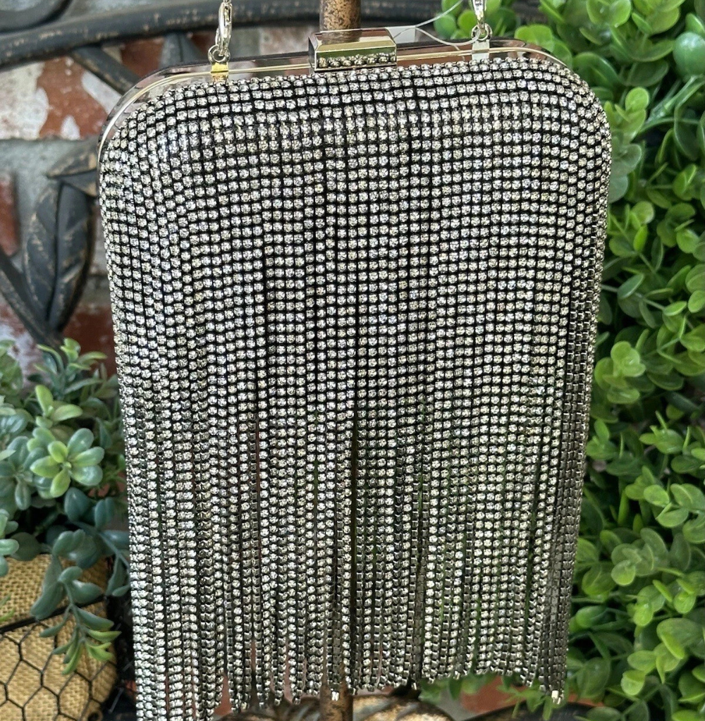Rhinestone Drop Fringe Handbag, Black