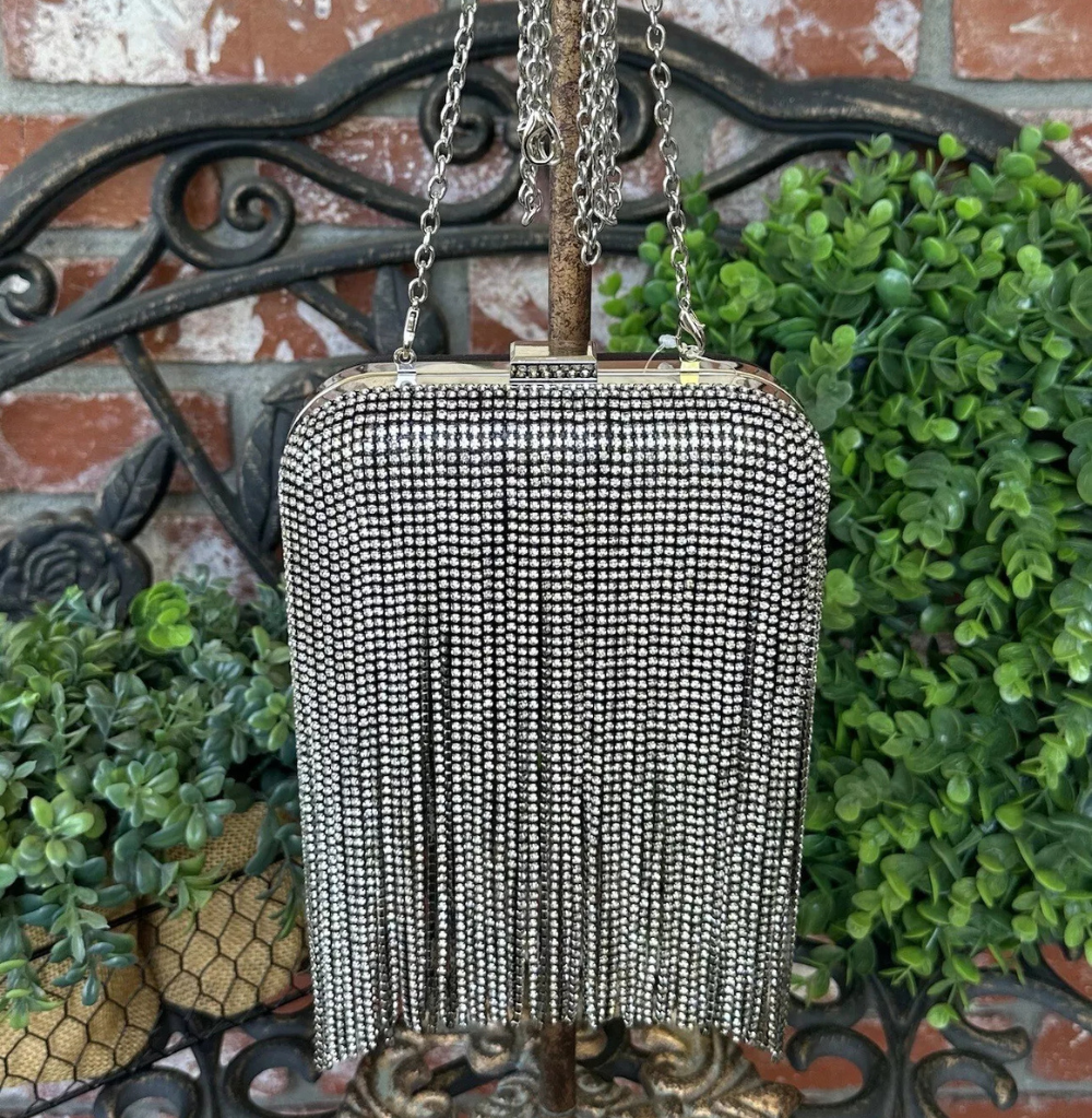 Rhinestone Drop Fringe Handbag, Black