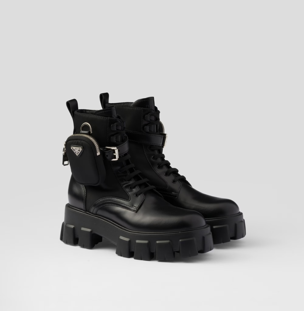 Prada Monolith Leather And Re-Nylon Boots With Pouch