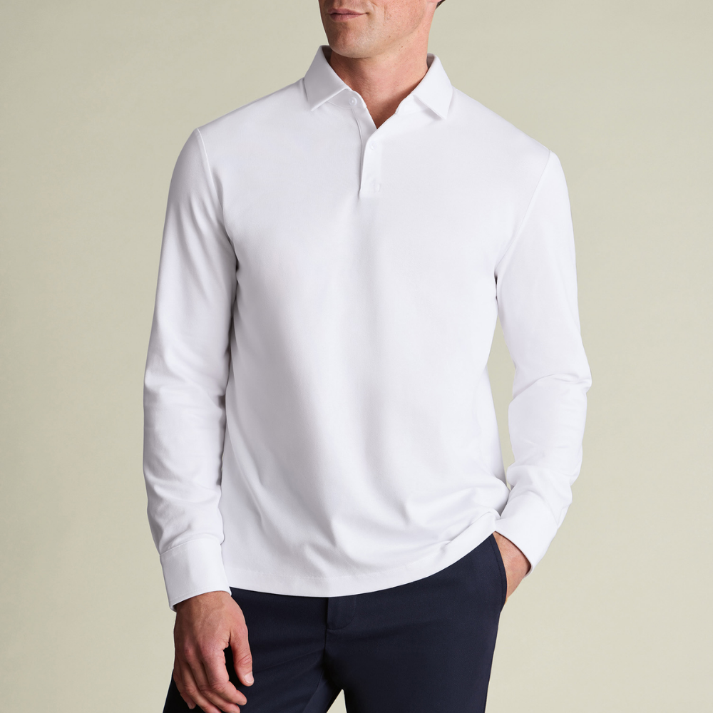 Charles Tyrwhitt Long Sleeve Smart Pique Polo - White