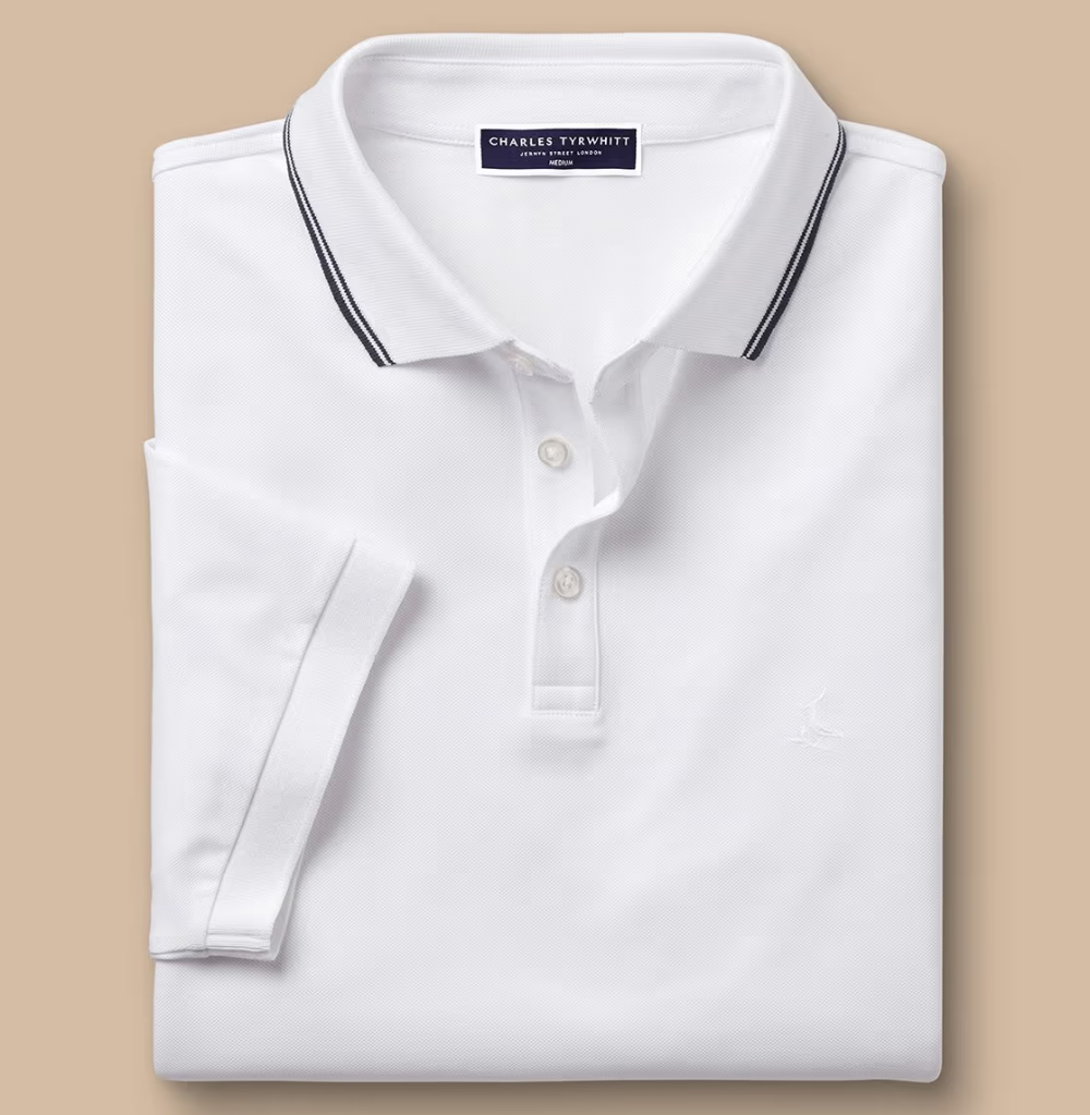 Charles Tyrwhitt White Contrast Tipping SS Cotton Pique Polo
